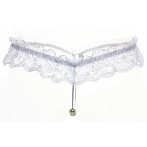 Women Sexy Faux Pearl Decor Crotch Thong Lace G-string Panties Underwear