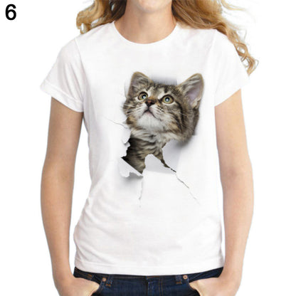 Camiseta informal de verano con estampado de gato en 3D, manga corta y cuello redondo para mujer