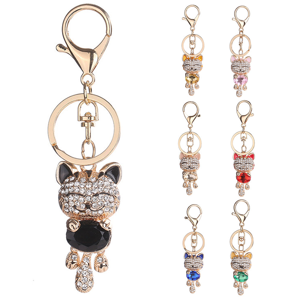 Women Lucky Cat Rhinestones Bag Hanging Keychain Key Ring Clasp Car Accessories