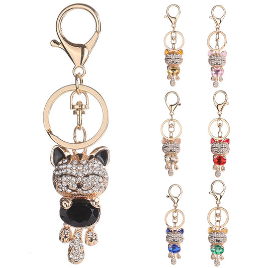 Women Lucky Cat Rhinestones Bag Hanging Keychain Key Ring Clasp Car Accessories