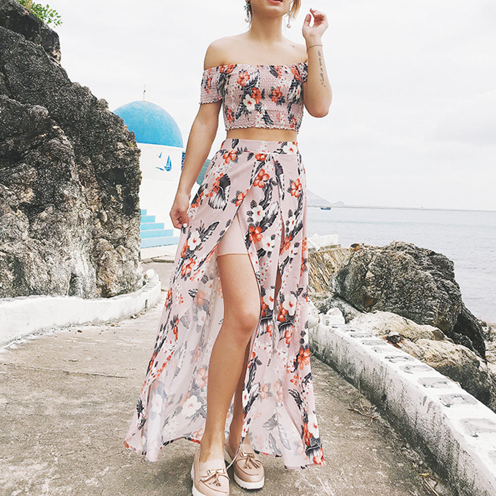 Conjunto de vestido de playa con Top corto y hombros descubiertos, falda con abertura larga y estampado Floral de verano para mujer