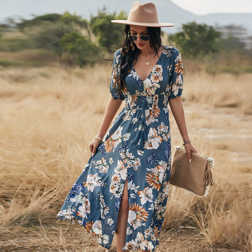 Floral Summer Beach Dress W/ V Neck, Elastic Waist