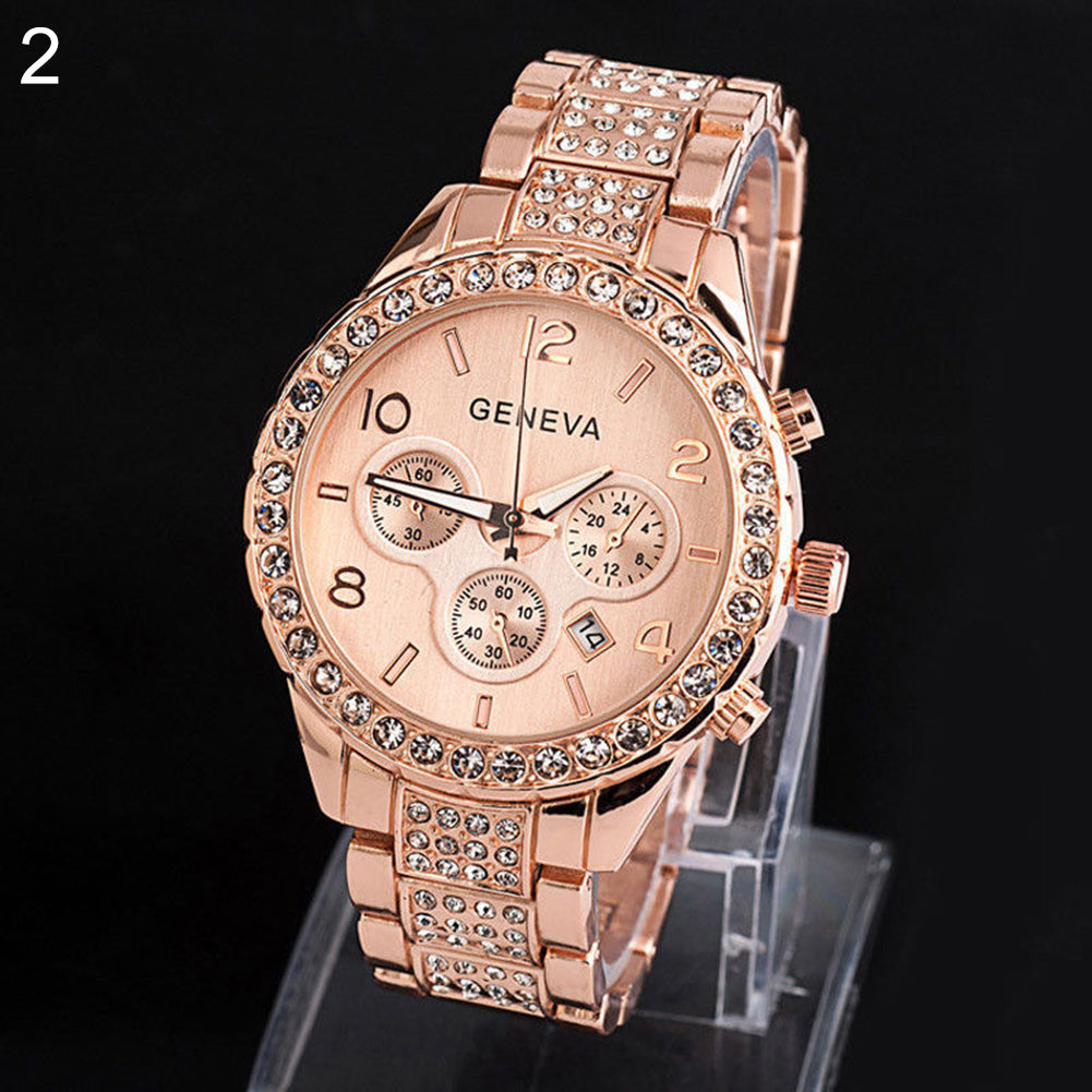 Reloj de pulsera analógico de cuarzo con banda de acero inoxidable y esferas decorativas Geneva para mujer