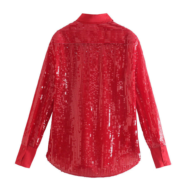 Women's Solid Color Lapel Sequined Long-sleeved Top