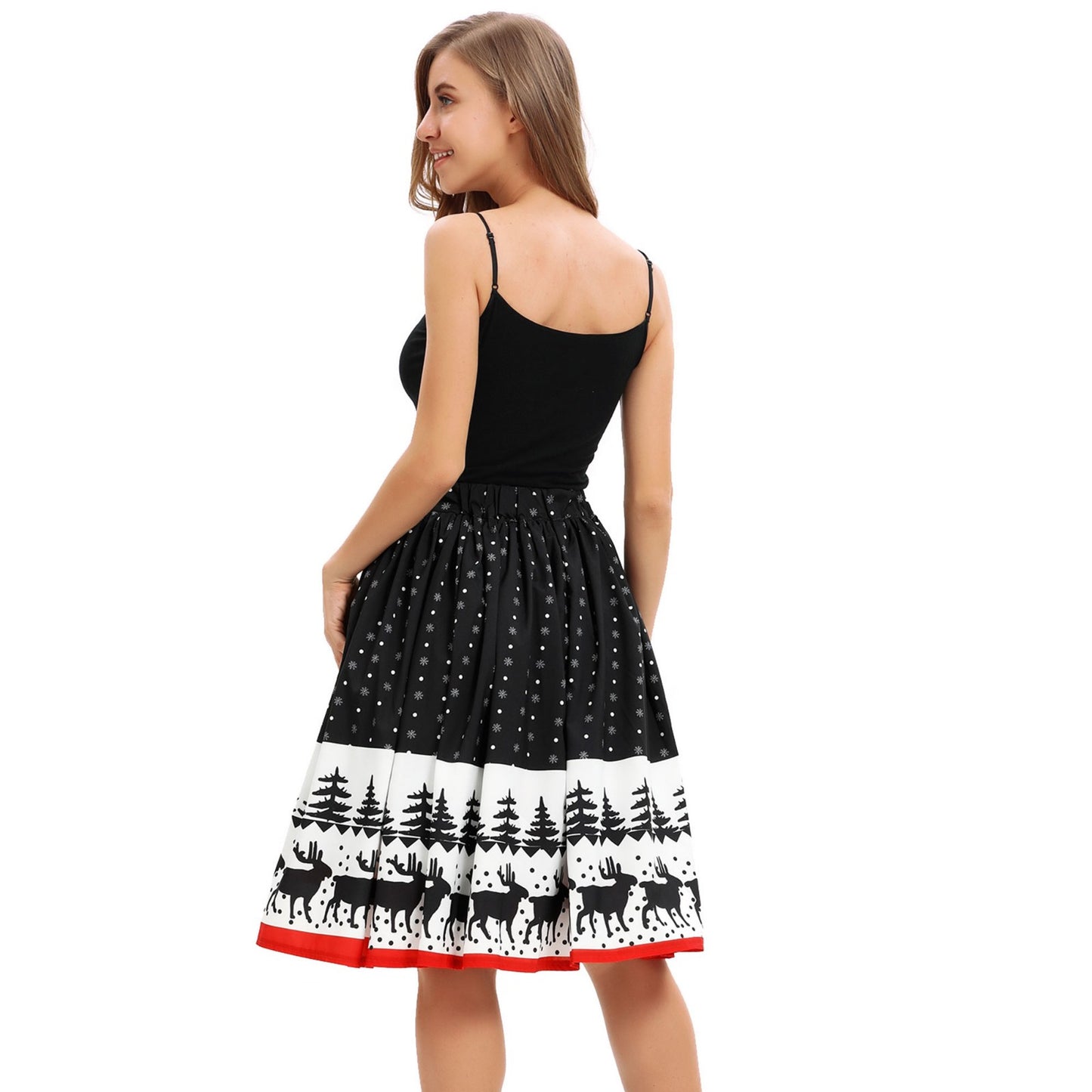 Falda para mujer con estampado navideño hasta la rodilla falda elástica de cintura alta falda sexy para fiesta de Navidad salvaje 