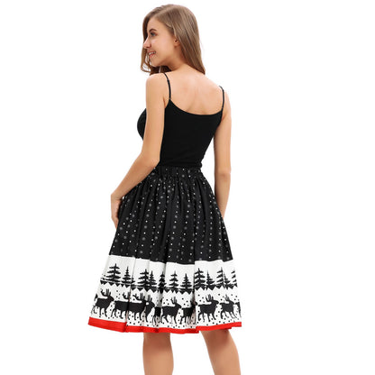 skirt women's ladies Christmas print knee-length skirt stretch high waist wild Christmas party sexy skirt