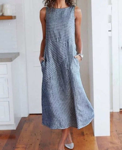 Casual Maxi Dress Sleeveless Linen Women Long Summer Dress Striped Cotton Baggy - The Styky Shack