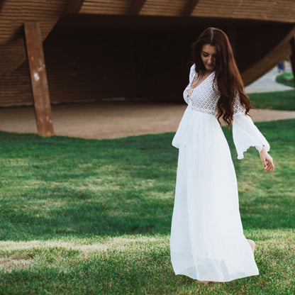 Vestido sexy de manga larga con cuello en V blanco