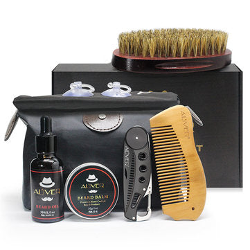 Kit de herramientas para el cuidado de la barba, kit de limpieza de estilismo para bigote, cepillo, peine, aceite de crema, bálsamo y bolsa de almacenamiento, 7 Uds.