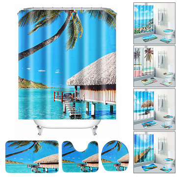 Beach Sea Waterproof Non Slip Bathroom Shower Curtain Toilet Cover Mat Rug Set 5 - The Styky Shack