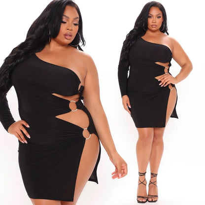 ON SALE!!! 50% OFF!!! Plus Size Leaky Shoulder Steel Ring Dress