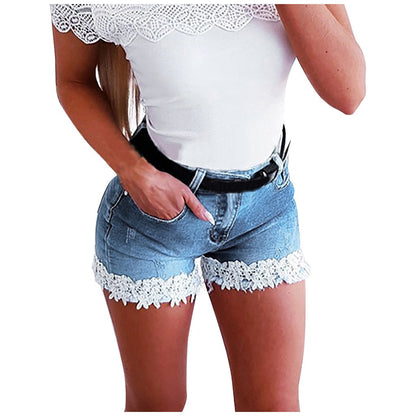 Women Stretch Lace Stitching Jeans Shorts Slim Denim Shorts Summer Ladies Casual Regular Short