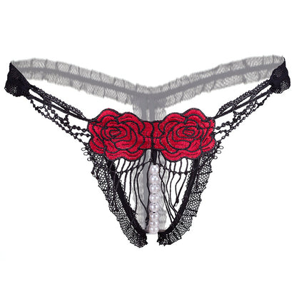 Ropa interior Sexy de Tanga con Tanga sin entrepierna y bordado hueco de perlas de imitación para mujer