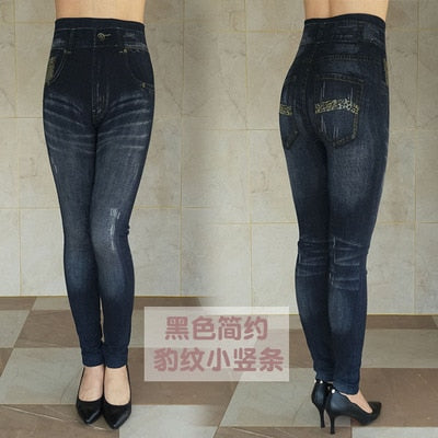 Women's Autumn Winter Jeans Plus Size Printing Imitation Denim Leggings High Waist Wear Stretch Plus Velvet Imitation Jeans Z136