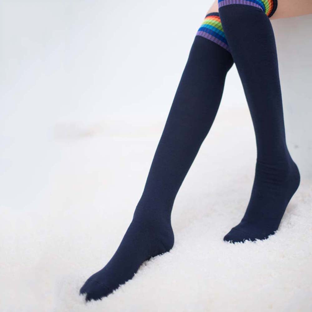 Women Girl Rainbow Stripe Tube Dress Over the Knee Thigh High Cosplay Socks