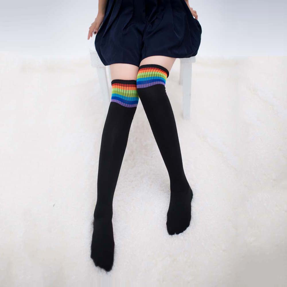 Women Girl Rainbow Stripe Tube Dress Over the Knee Thigh High Cosplay Socks