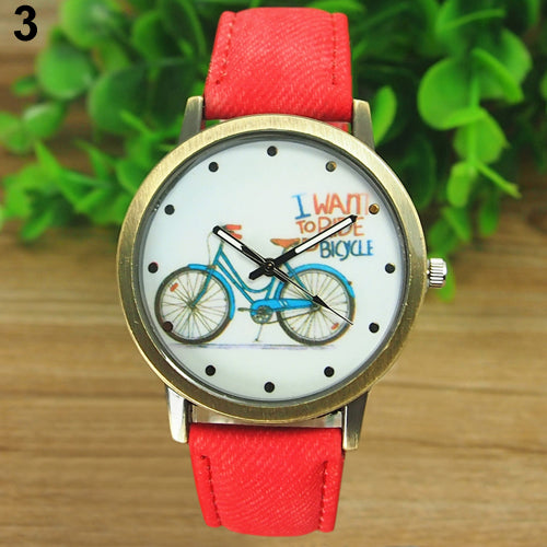 Women's Fashion Bike Bronze Jean Fabric Watchband Quartz Analog Wrist Watch