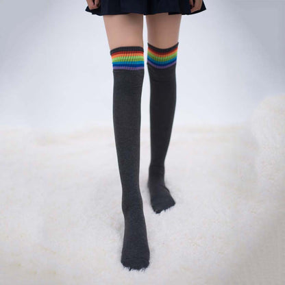 Women Girl Rainbow Stripe Tube Dress Over the Knee Thigh High Cosplay Socks