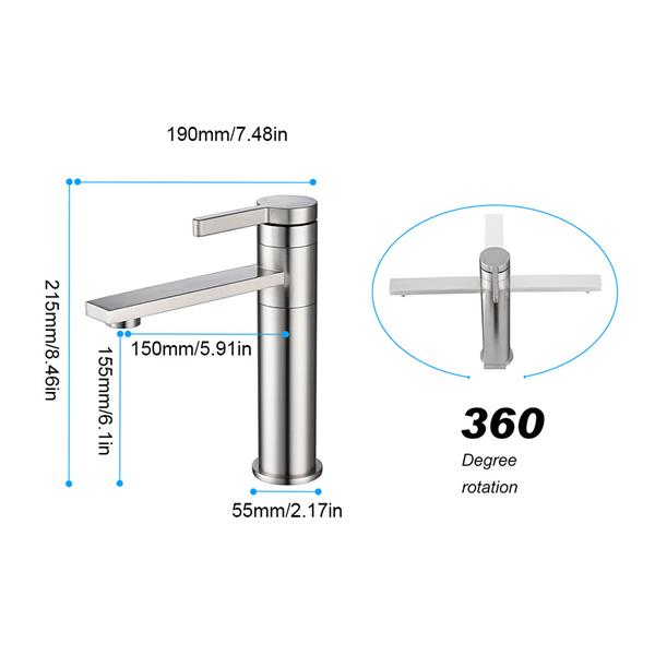 360-Degree Rotating Bathroom Basin Sink Faucet Single Handle Lavatory Water-Saving Stainless Steel Faucet