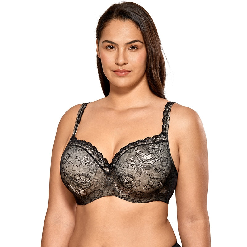 Sujetador balconette de encaje con aros y cobertura completa para mujer, liso, ligeramente acolchado, talla grande 