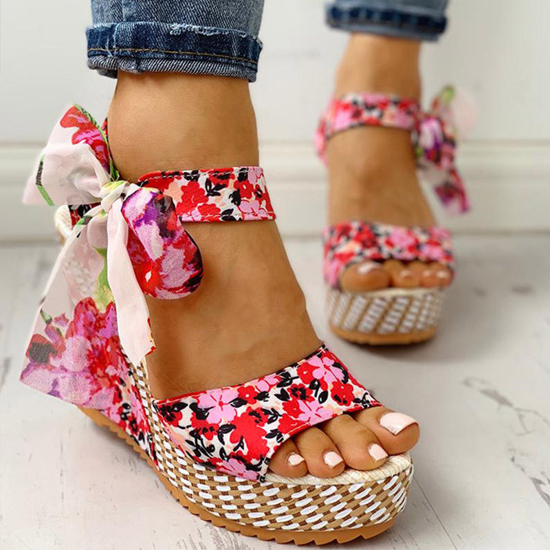 Sandalias de cuña con plataforma y lazo floral para mujer