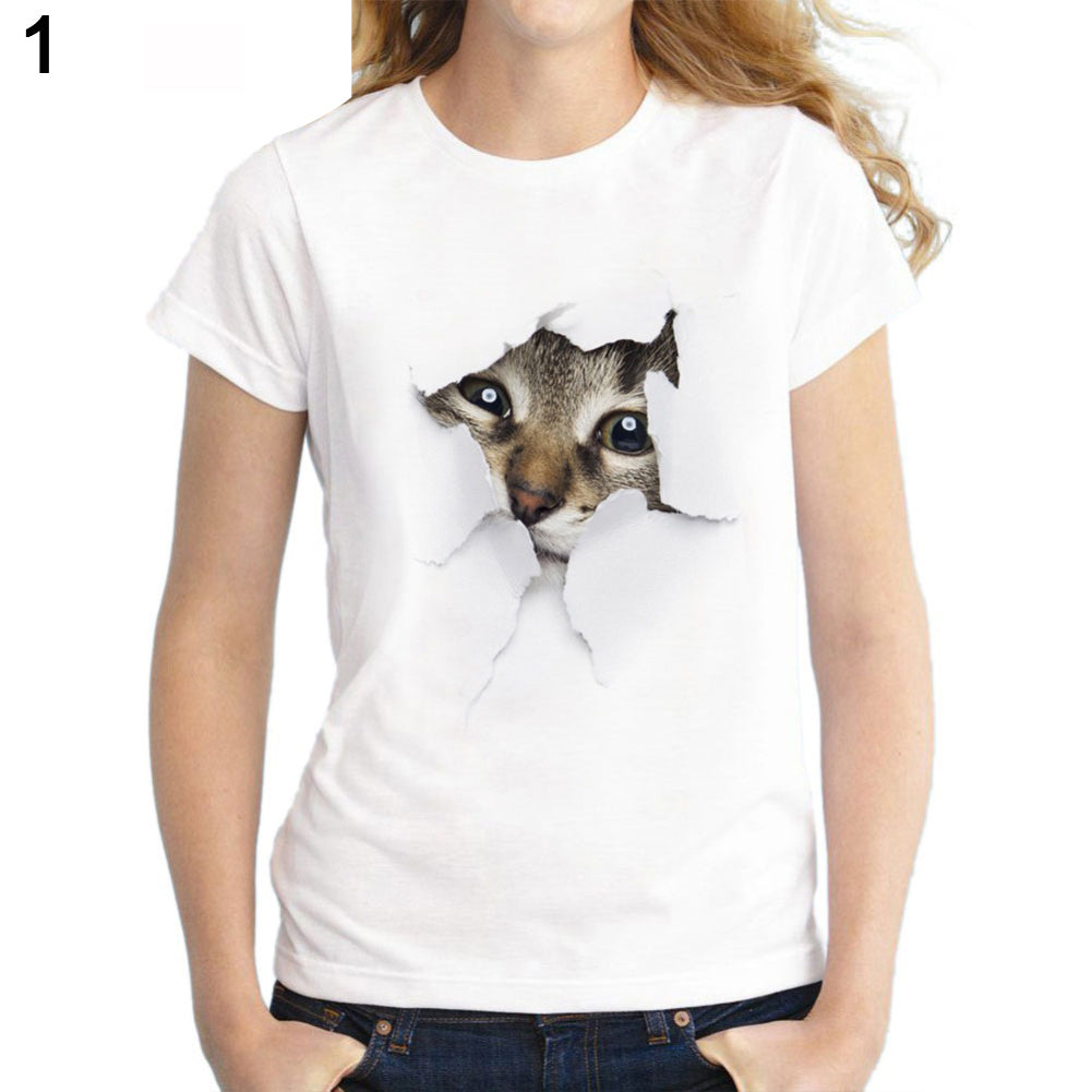 Camiseta informal de verano con estampado de gato en 3D, manga corta y cuello redondo para mujer