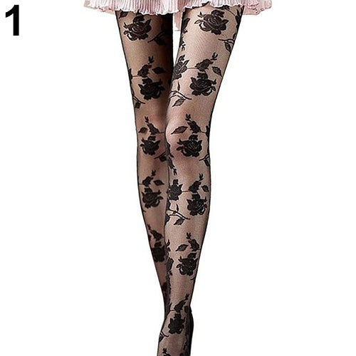 Women Fashion Rose Pattern Tight Lace Pantyhose Sexy See-through Stockings