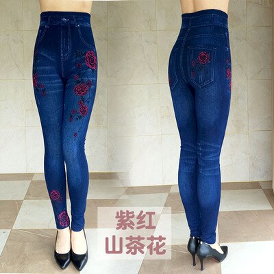 Women's Autumn Winter Jeans Plus Size Printing Imitation Denim Leggings High Waist Wear Stretch Plus Velvet Imitation Jeans Z136