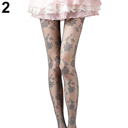 Women Fashion Rose Pattern Tight Lace Pantyhose Sexy See-through Stockings