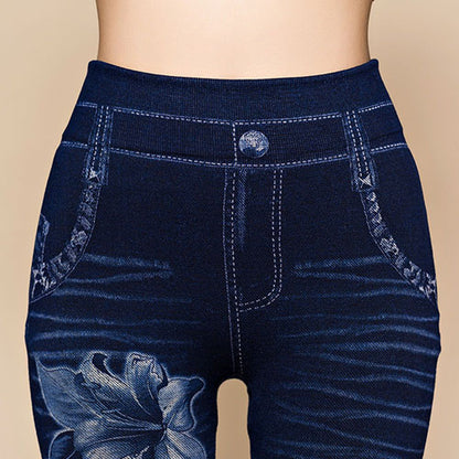 Pantalones elásticos de corte hueco sexy para mujer, pantalones vaqueros ajustados con estampado de flores, mallas de mezclilla