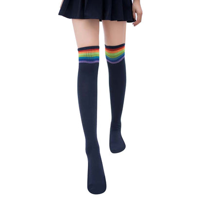 Women Girl Rainbow Stripe Tube Dress Over the Knee Thigh High Cosplay Socks