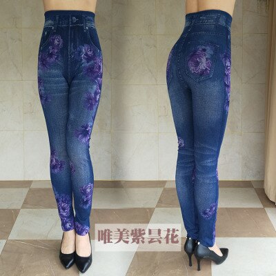 Women's Autumn Winter Jeans Plus Size Printing Imitation Denim Leggings High Waist Wear Stretch Plus Velvet Imitation Jeans Z136