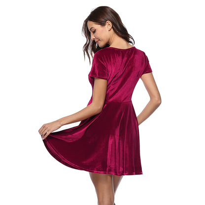 Fashion Women Short Sleeve Round Neck Solid Color Velvet Full-skirt Dress