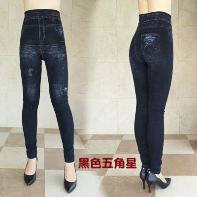 Women's Autumn Winter Jeans Plus Size Printing Imitation Denim Leggings High Waist Wear Stretch Plus Velvet Imitation Jeans Z136