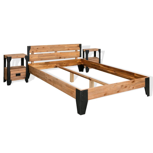 Bed Frame with 2 Nightstands Solid Acacia Wood Steel 59.8"x79.9"