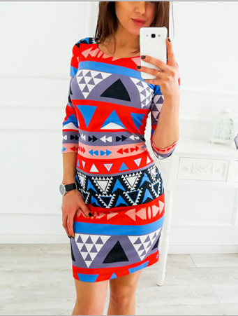 Round neck cropped sleeve print sexy slim pencil dress - The Styky Shack