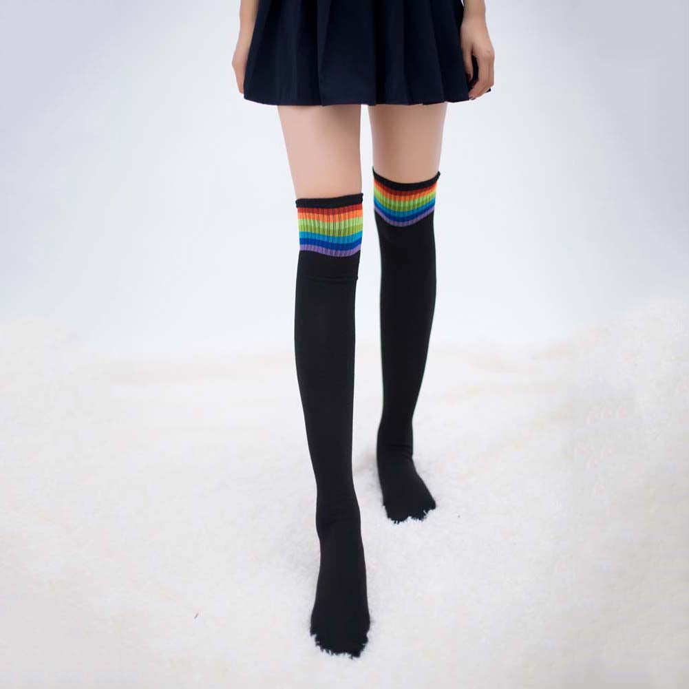 Women Girl Rainbow Stripe Tube Dress Over the Knee Thigh High Cosplay Socks