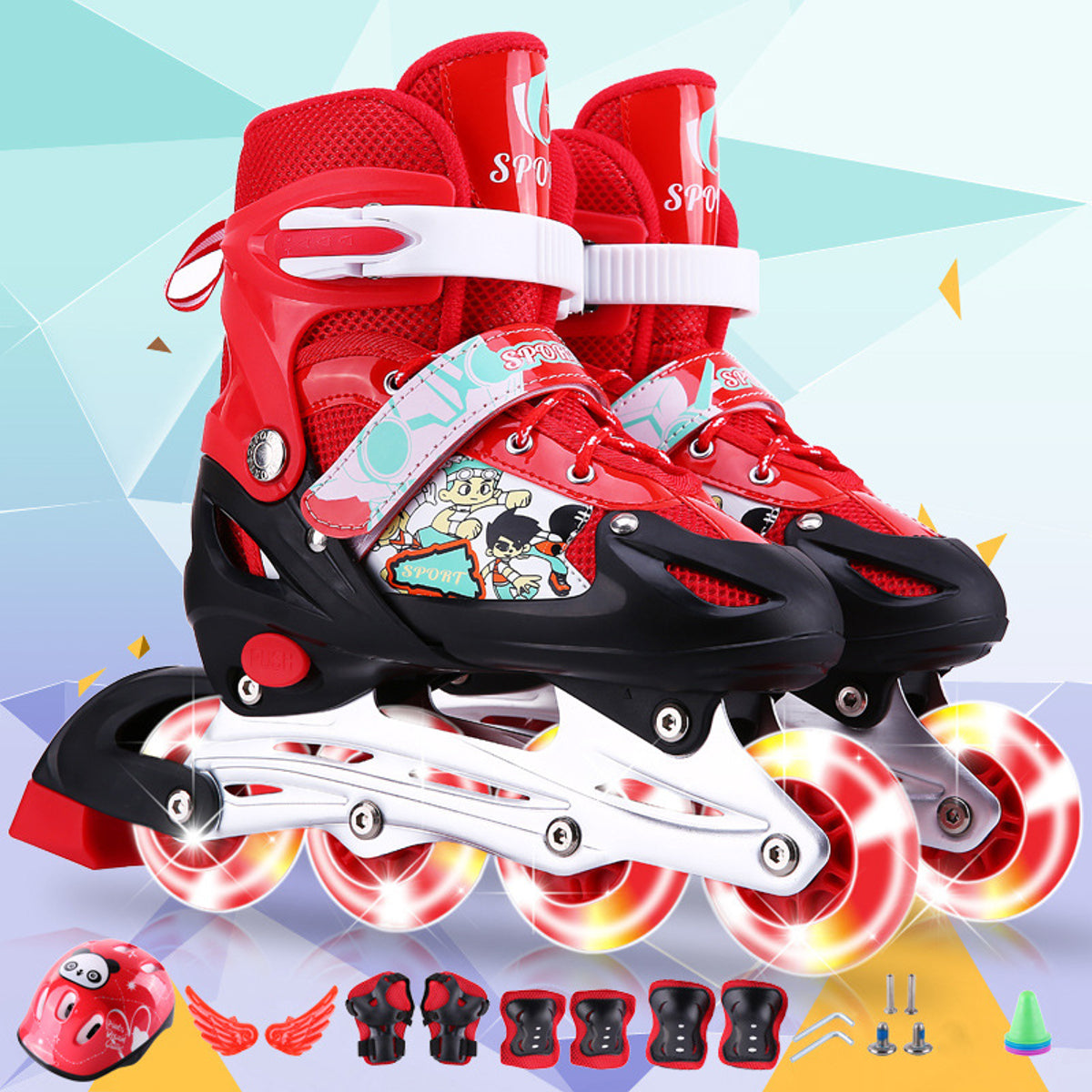 3 Sizes Adjustable Inline Skates Set with LED Flashing Wheels Safe Roller Light Up Illuminating Wheels Beginner Skates Roller with Protective for Adult Kids