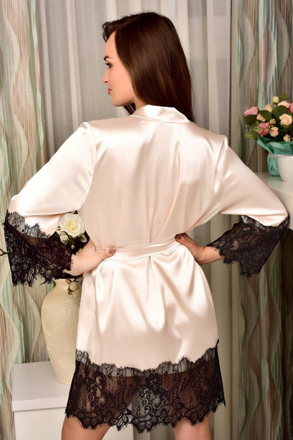 Apricot Satin Kimono Robe with Lace Trims