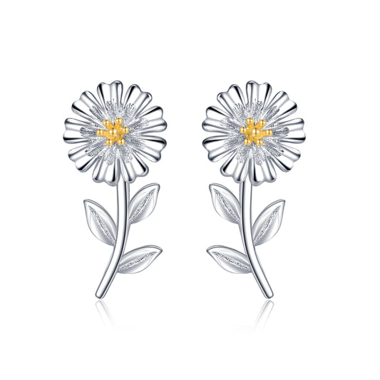 Aretes de plata de ley 925 con forma de margarita y flor