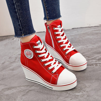 Wedge Heel Casual Side Zipper High-heel Lace-up Canvas Shoes