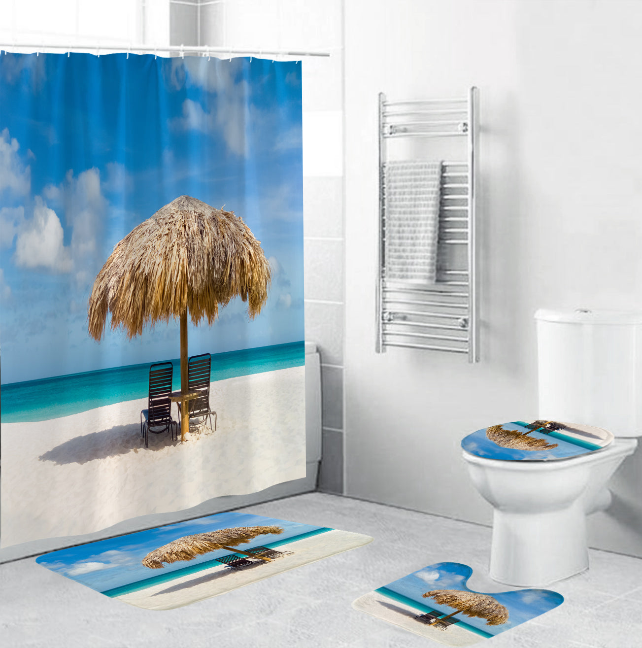 Beach Sea Waterproof Non Slip Bathroom Shower Curtain Toilet Cover Mat Rug Set 5 - The Styky Shack