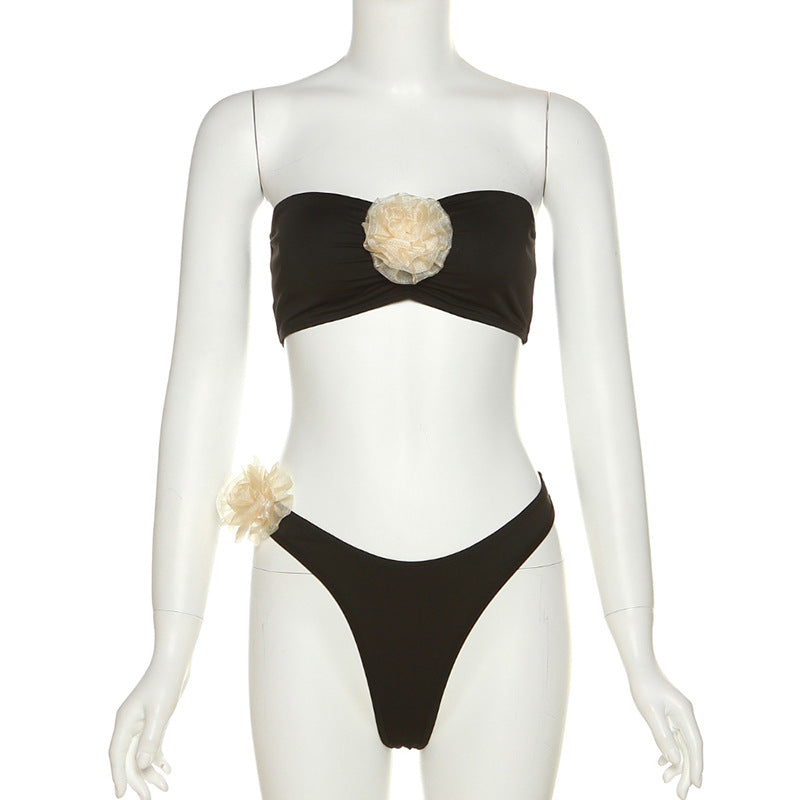 Bikini con chaleco y braguitas florales tridimensionales para mujer