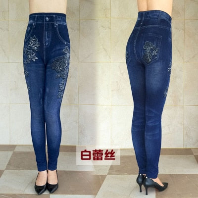 Women's Autumn Winter Jeans Plus Size Printing Imitation Denim Leggings High Waist Wear Stretch Plus Velvet Imitation Jeans Z136