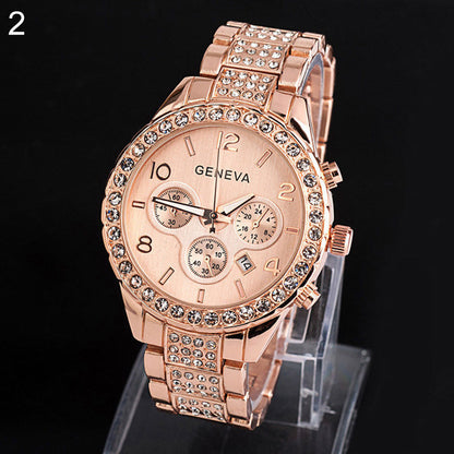 Reloj de pulsera analógico de cuarzo con banda de acero inoxidable y esferas decorativas Geneva para mujer