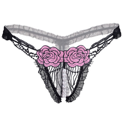 Women Sexy Faux Pearl Hollow Embroidery Rose Crotchless G-String Thong Underwear