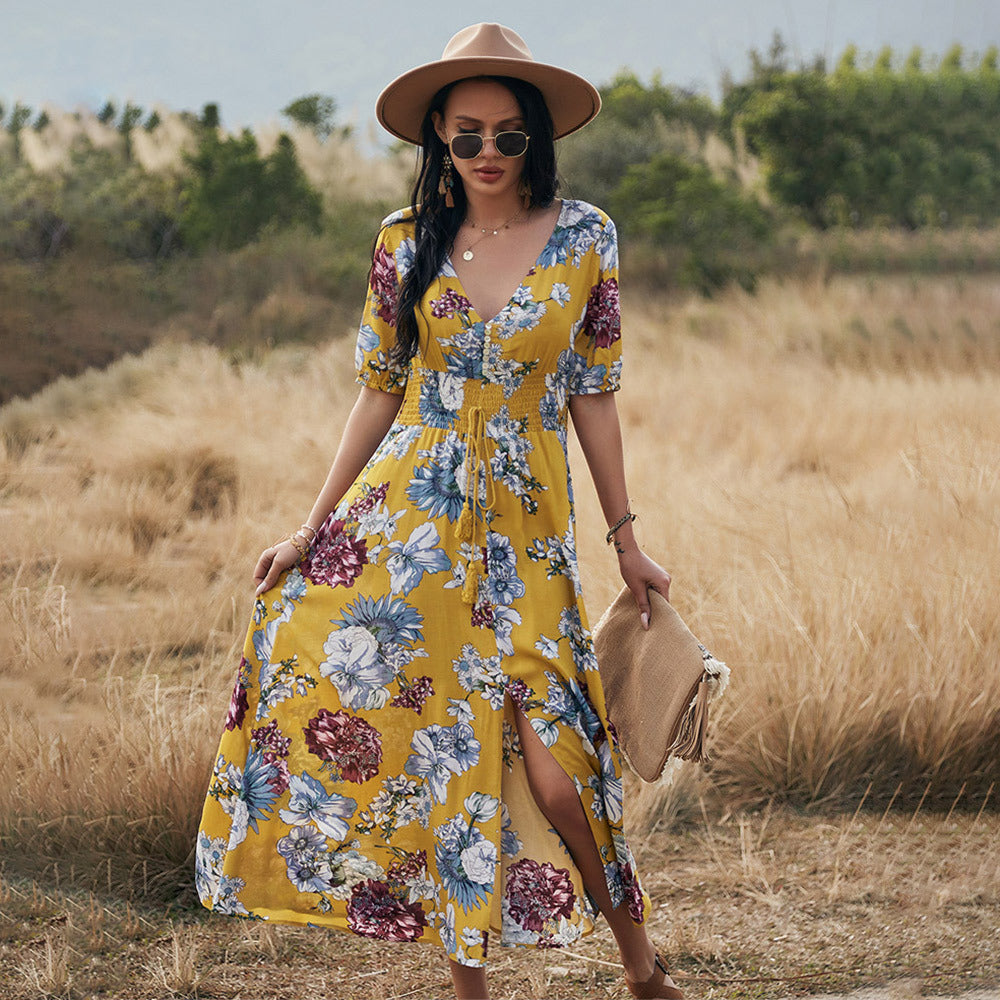 Floral Summer Beach Dress W/ V Neck, Elastic Waist