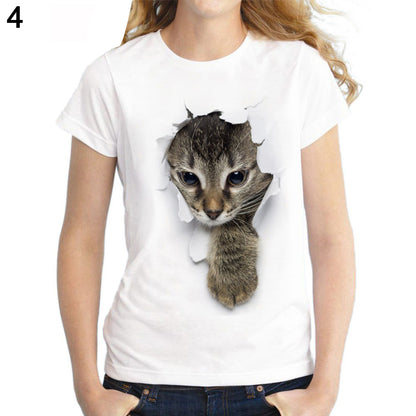 Camiseta informal de verano con estampado de gato en 3D, manga corta y cuello redondo para mujer