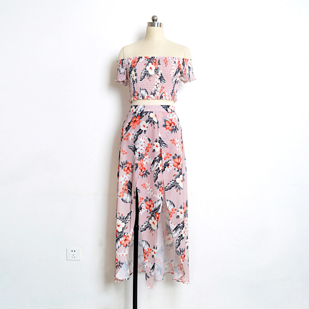 Women Floral Print Long Slit Skirt Off Shoulder Crop Top Dress Set