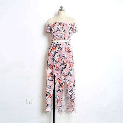 Women Floral Print Long Slit Skirt Off Shoulder Crop Top Dress Set